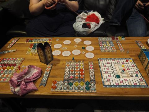 A four-player game of Azul: Stained Glass of Sintra in the middle of play at a special board game camp in Hattula, Finland.