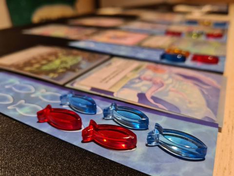 Acrylic fish on a species board in the 'Deluxe' version of the board game Oceans.