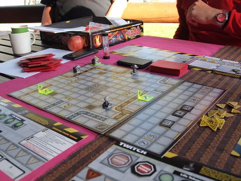 A game of RoboRally being played at a special board game weekend camp in Finland.