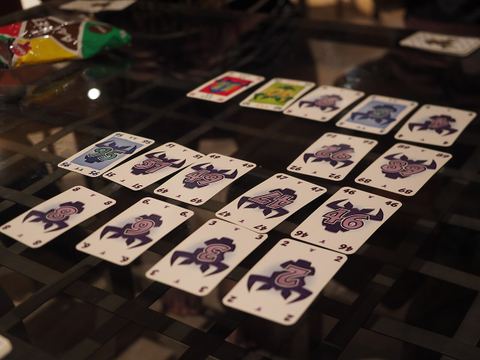 A game of Sechs nimmt! (literally: six takes) during play at a special board game camp in Korpilampi, Espoo, Finland.