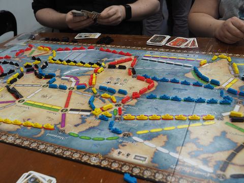 A four-player game of Ticket to Ride Rails & Sails near the end of the game, played at the annual board game festival in Kaapelitehdas, Helsinki, Finland in September 2017.