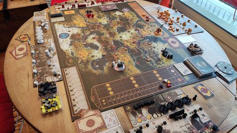 Set-up of a game of Scythe.