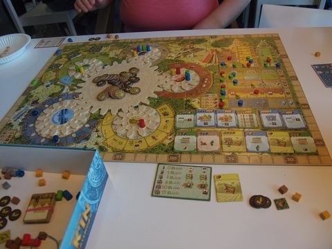 A game of Tzolk'in being played at a board game event in Espoo, Uusimaa, Finland.