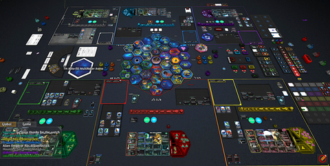 Twilight Imperium Fourth edition as implemented in Tabletop Simulator. In addition to physics simulation of the cardboard and plastic components such that interacting is similar to using the boardgame parts, some game mechanisms are also automated.