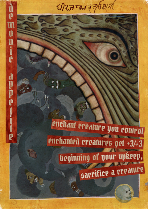 A Magic the Gathering proxy card of Demonic Appetite created in a collage style by Conjured Craft, published with permission by the artist who has released it under public domain