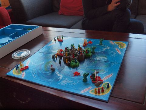 A game of "Escape from Atlantis" in the middle of play during a board game weekend in Hämeenlinna, Finland.