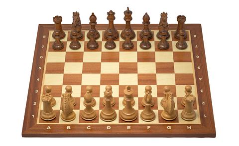 The Rio Staunton Chess Set by House of Chess is renowned for its distinctive craftsmanship and functional design, featuring chess pieces made from Ringy Rosewood and Boxwood. Each piece is triple weighted to enhance stability during gameplay, with beveled bases and billiard cloth green pads to minimize surface abrasion. A standout piece is the Biggie Knight, which is hand-carved with detailed features such as pronounced eyes and a braided mane, offering a robust and striking appearance. The pieces are individually hand-polished, resulting in a semi-gloss finish that accentuates the wood's natural color and grain. The set includes additional queens for pawn promotion and each piece fits securely into individual foam inserts within the board, ensuring they remain stationary and protected. The total weight of the chess pieces is approximately 3.5 pounds, with the board weighing about 6.5 pounds, bringing the complete set to around 10 pounds. Additionally, the Wegiel Handmade Wooden Chess Board is an 18.9-inch square tournament-sized board, ideal for both professional play and hobbyists seeking a high-quality gaming surface. Crafted from mahogany and sycamore woods, these materials are chosen for their durability and the rich, contrasting colors they provide, enhancing the visual appeal of the board. The board measures 18.9 inches in length and width, with a height of 0.6 inches. Each square on the board is 2 inches, a standard size for tournament play, which facilitates better visibility and movement of pieces during games. An important feature of this chessboard is its craftsmanship, evident in the precision of its inlays and the smooth finish of each square. The design includes numbered and lettered algebraic coordinates along the borders, aiding in game analysis and learning.